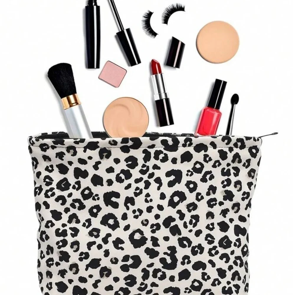 White Leopard Print Cosmetic Bag Chic Travel Pencil Pouch Makeup Bag